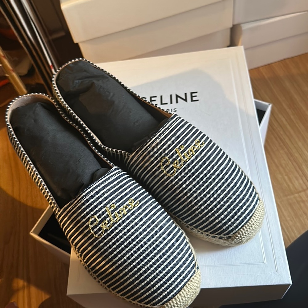 celine espadrille 40 stripped navy white gold cute summer vacation - Picture 3 of 7